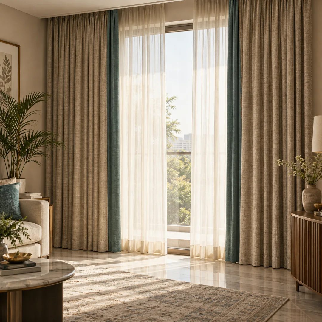 Soft layered curtains framing a sunlit window